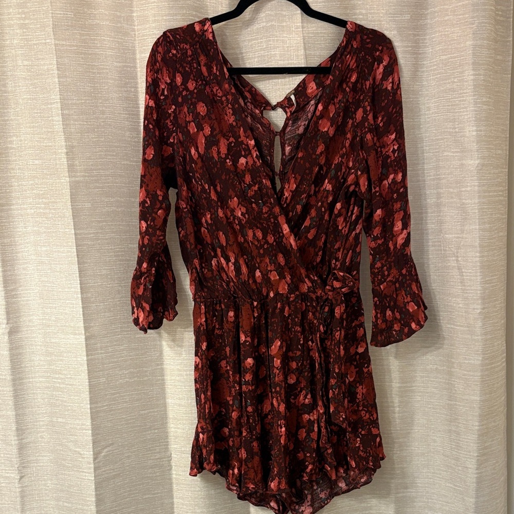 Free People Burgundy and Red Floral Romper